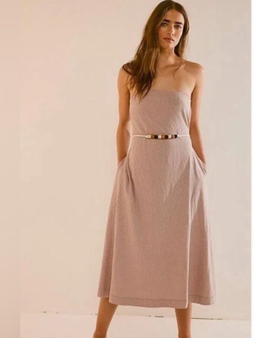 Free People Beach Peyton Dusty Rose Midi Strapless Tube Dress Beaded Belt